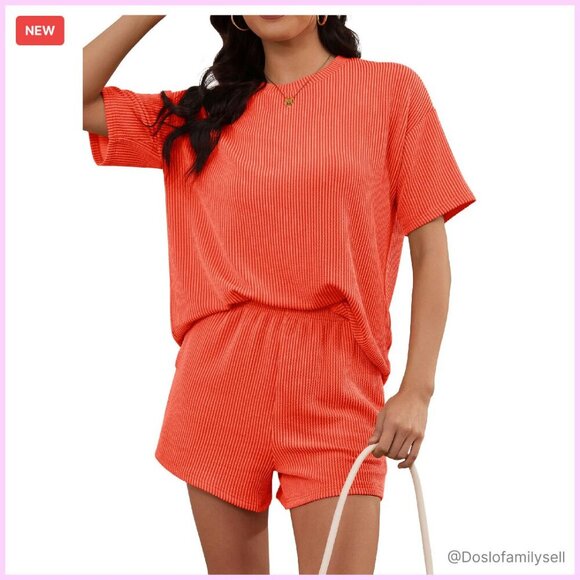 Pants - Oversized Ribbed Knit Lounge Set Short Sleeve Top Matching Shorts Y2K
